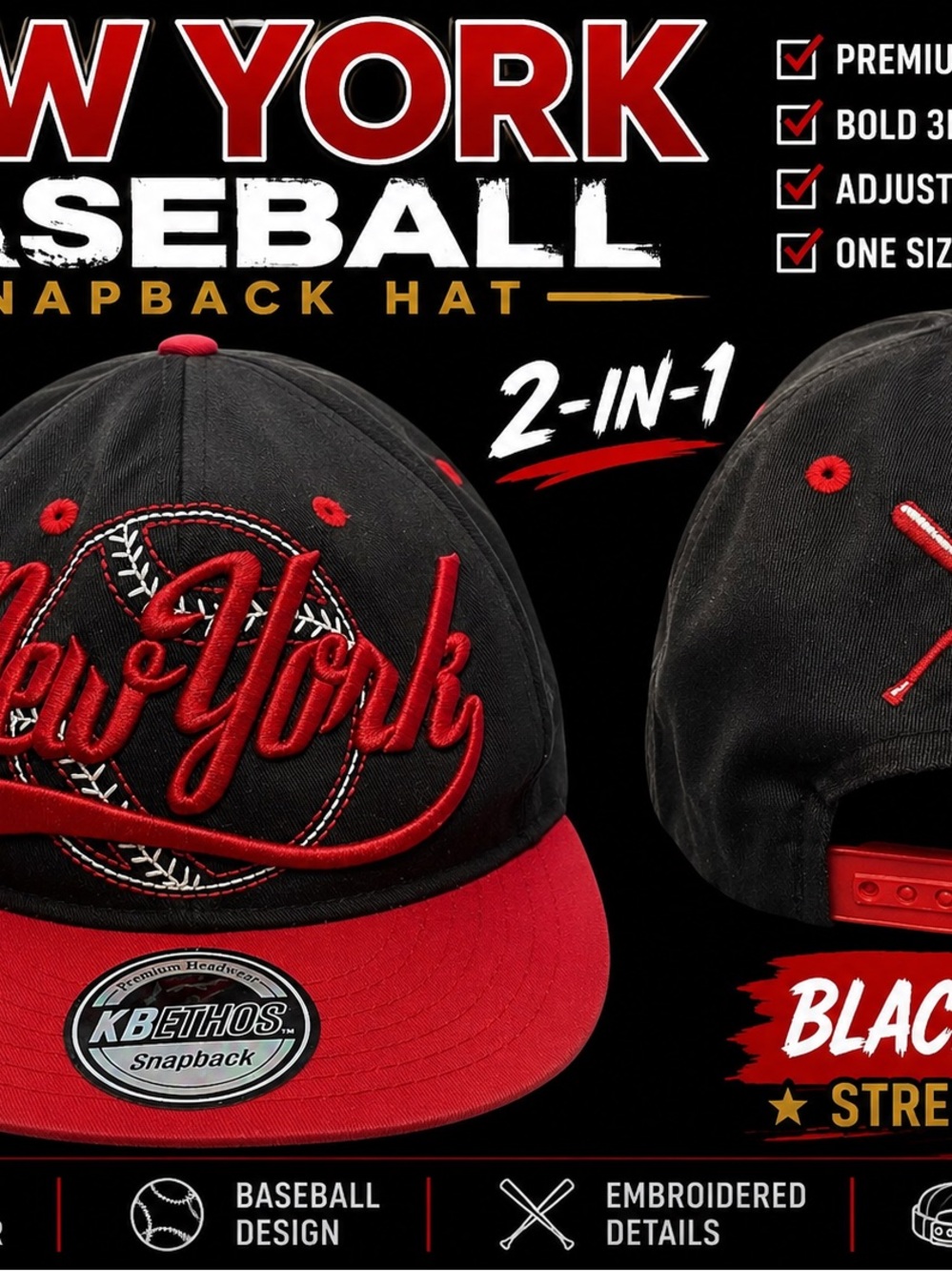 KBETHOS Black and Red New York Embroidered Baseball Snapback Hat